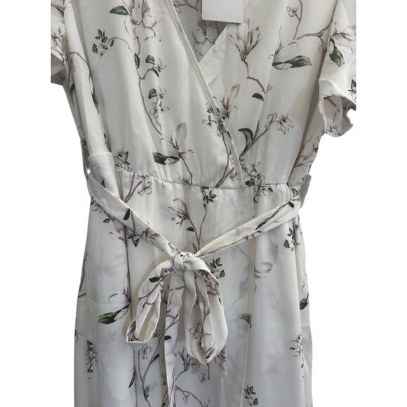 NWT Bloomchic Womens 14-16 Ivory Floral Faux Wrap Midi Dress Tie Belt Flutter - Picture 6 of 13